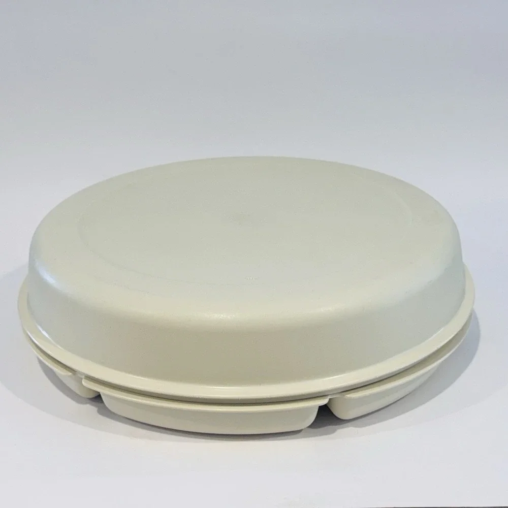 Vintage MCM Tupperware Divided‎ Party Tray w Lid & 3 Tier Stacking Stands Almond